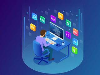 Wall Mural - isometric developing programming and coding technologies. young programmer coding a new project usin