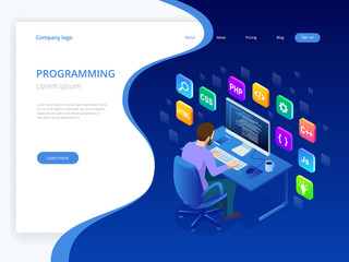 Wall Mural - isometric developing programming and coding technologies. website design. young programmer coding a 
