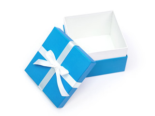 Wall Mural - Blue gift box with ribbon isolated on white