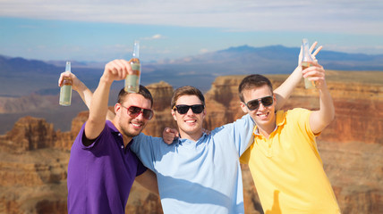 Poster - celebration, summer and people concept - group of male friends with bottles of beer or non-alcoholic drinks over grand canyon national park background