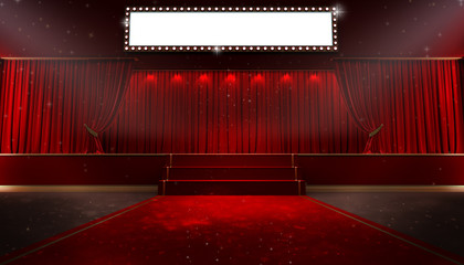 3d rendering of Background with a red curtain and a spotlight. Festival night show poster. Open red curtain. event premiere poster