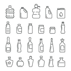 Wall Mural - Different types of bottles: thin vector icon set, black and white kit