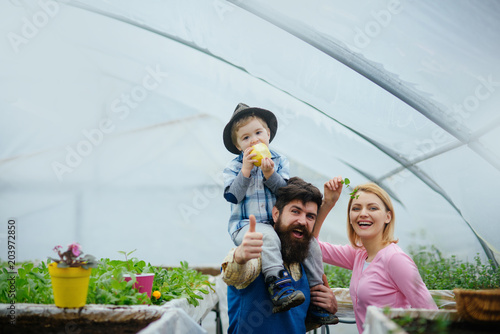 Happy Family In Greenhouse Father In Blue Vest Holding His Son On