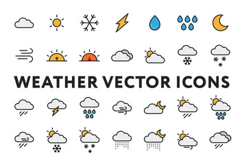 weather forecast meteorology icons set. sun, snow, cloud, rain, storm, sunrise, dawn, moon, wind. mi