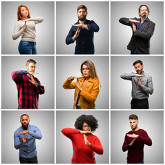 Poster - Group of mixed people, women and men serious making a time out gesture with hands