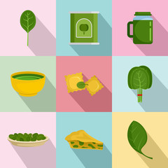 Spinach salad leaves vegetables icons set. Flat illustration of 9 spinach salad leaves vegetables vector icons for web