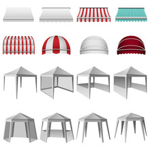 Canopy Shed Overhang Awning Mockup Set. Realistic Illustration Of 16 Canopy Shed Overhang Awning Mockups For Web