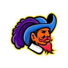 Mascot Icon Illustration Of Head Of A Musketeer Or Cavalier Wearing A Cavalier Hat That  Is Wide-brimmed And Trimmed With An Ostrich Plume Viewed From Side On Isolated Background In Retro Style.