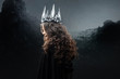 Portrait of a Gothic Princess. Beautiful young brunette woman in metal crown and black cloak.