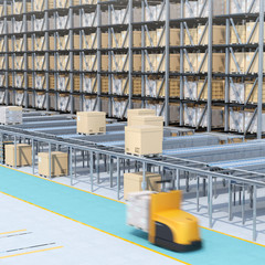 Wall Mural - Modern Automated Logistics Center's interior. AGV and autonomous forklift carrying goods. Concept for automated logistics solution.