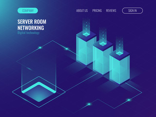 Wall Mural - server room banner, web hosting and processing of big data concept, ultraviolet isometric vector ill