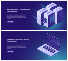 Wall Mural - big data processing, blockchain, digital technology, server room rack, isometric laptop vector illus