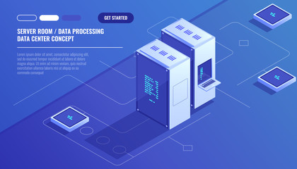 Wall Mural - server room, data center, concept of cloud storage, data transfer, data transfer scheme isometric ve