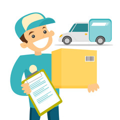 Sticker - A white man courier delivers a package. There are box and papers to sign in courier hands. Delivery and transportation concept. Vector cartoon illustration isolated on white background.