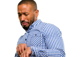 Poster - African american man with beard disgusted and angry, keeping hands in stop gesture, as a defense, shouting isolated over white background