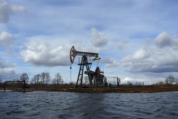 The beam pumping unit is homework, sunset in oil field