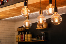 Decorative Antique LED Tungsten Light Bulbs Hanging On Ceiling.