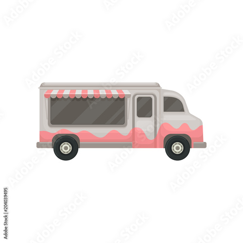 Flat Vector Icon Of Food Truck Small Gray Van With Awning