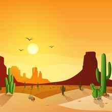 Desert Landscape With Cactuses On The Sunset Background