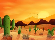 Desert Landscape Background With Cactuses