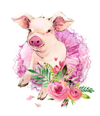 Cute pig watercolor illustration