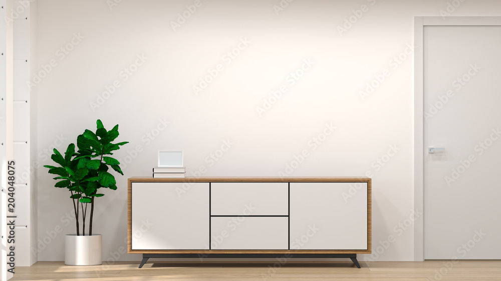 Obraz na płótnie White wood modern cabinet in empty room interior background  3d illustration home designs,shelves and books on the desk in front of  wall empty wall w salonie