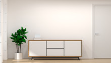 White Wood Modern Cabinet In Empty Room Interior Background  3d Illustration Home Designs,shelves And Books On The Desk In Front Of  Wall Empty Wall