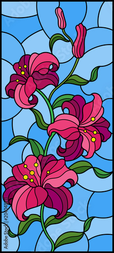 Dekoracja na wymiar  ilustracja-w-stylu-witrazu-z-galazka-rozowych-lilii-na-niebieskim-tle-pionowa