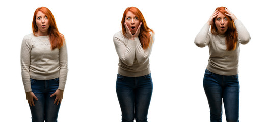 Sticker - Young Beautiful redhead woman happy and surprised cheering expressing wow gesture