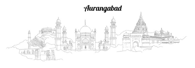 Wall Mural - AURANGABAD city vector panoramic hand drawing illustration