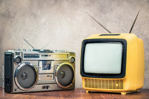 Retro Old Designed Tube Tv Receiver And Ghetto Blaster