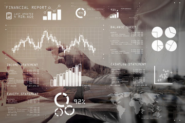 Poster - Double exposure of businessman hand using mobile payments online shopping,omni channel,laptop computer on wooden desk,London architecture bulidings
