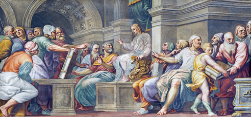 Fototapete - PARMA, ITALY - APRIL 16, 2018: The fresco Twelve old Jesus in the Temple in Duomo by Lattanzio Gambara (1567 - 1573).