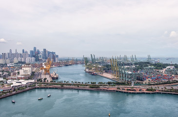 Aerial view of the  commercial harbor in Singapor. It's the world's busiest port in terms of total shipping tonnage.