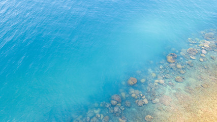 Aerial: overhead view of transparent blue sea surface against the coral line and bottom