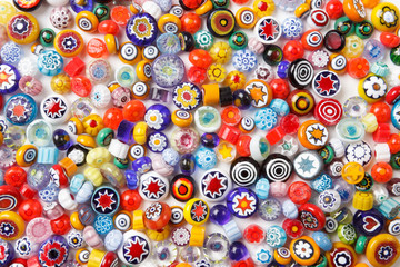 Collection of colorful glass beads. Colored Venetian, Murano glass, millefiori.