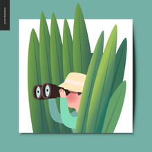 Simple Things - A Hunter In The Ambush Of High Grass With A Pair, Summer Postcard, Flat Cartoon Vector Illustration