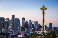 Space Needle And Skyline At Dawn, Seattle, Washington State, USA