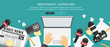 © makyzz - Independent journalism flat banner. Equipment for journalist on desk. Flat vector illustration
