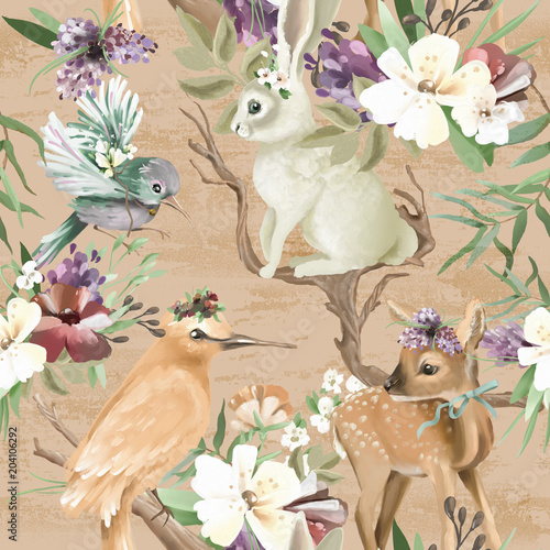 Stoffe zum Nähen Schöne, Vintage, verzauberten Wald, Waldtiere und Vögel mit Blumen, alten Holz Zweige und Bögen aneinander, nahtlose Muster. Reh, Hase, Vogel, wunderliche Tiere