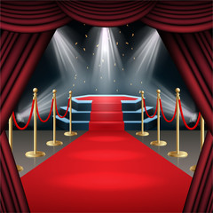 Wall Mural - Podium with red carpet and curtain in glow of spotlights