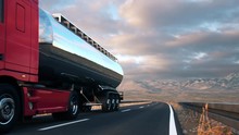 A Tank Truck Passes The Camera Driving On A Highway Into The Sunset, Low Angle Front-view Camera. Realistic High Quality 3d Animation.