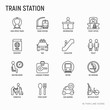 © AlexBlogoodf - Train station thin line icons set: information, ticket office, toilet, taxi, metro, waiting room, luggage storage, turnstile, food court, no smoking, bicycles rent. Modern vector illustration.