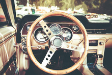 Steering Wheel And Dashboard In Interior Of Old Retro Automobile. 