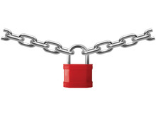 Closed Lock Hanging On Chain Isolated On White. Realistic Vector 3d Illustration