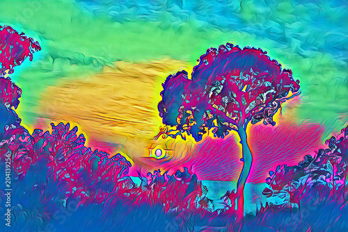 Photographie  Neon sunset sky with tree silhouette digital illustration