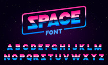 80 S Purple Neon Retro Font. Futuristic Metal Chrome Letters. Bright Alphabet On Dark Background. Light Symbols Sign For Night Show In Club. Concept Of Galaxy Space. Set Of Types. Outlined Version.