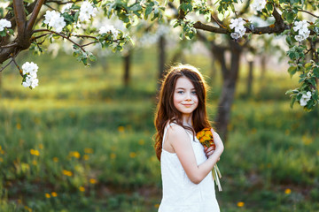 Wall Mural - A portrait of a beautiful young girl with blue eyes in a white dress  in the garden with apple trees blosoming having fun and enjoying smell of flowering spring garden at the sunset