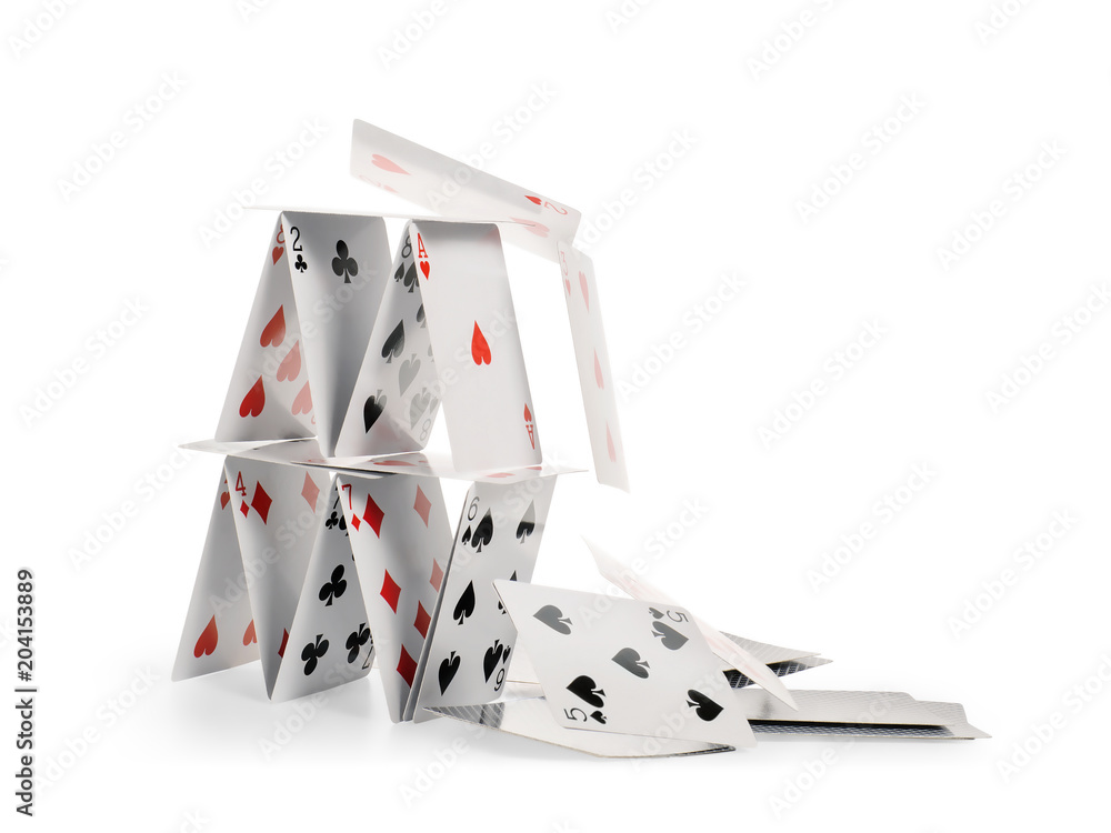 Falling house of cards isolated with clipping path - obrazy, fototapety, plakaty 