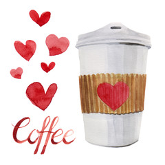 Wall Mural - Watercolor isolated coffee cup to go with red heart shape and calligraphic coffee lettering